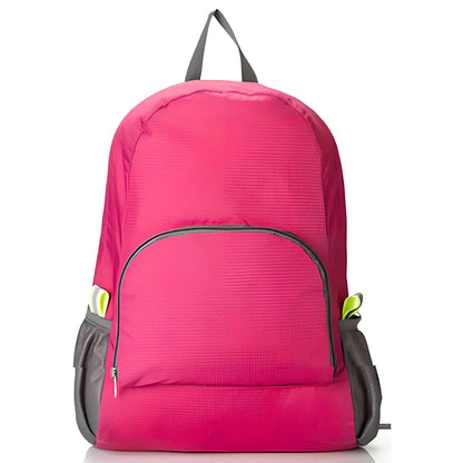 Yellow foldable sports backpack showing 30.5x42cm dimensions and compression feature