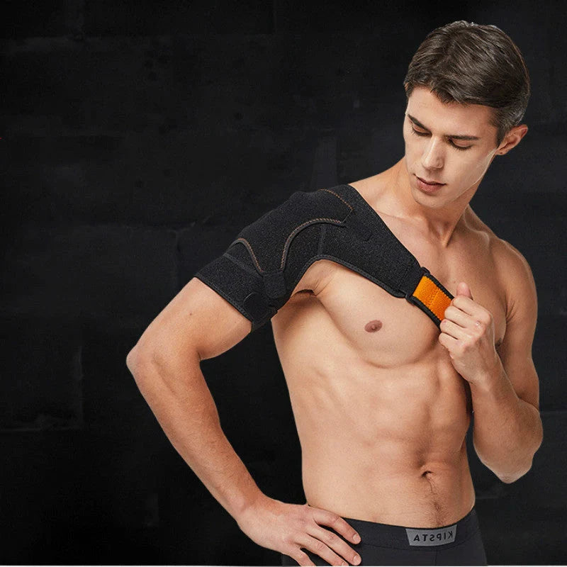 Adjustable sports shoulder protector support belt in black, designed for injury recovery and support