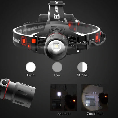 T6 LED headlamp with zoomable beam, showing white, green, and red light options, on a head strap