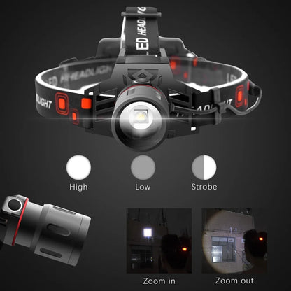 Black T6 LED zoom headlamp showing white, red, and green light LEDs on an adjustable head strap.