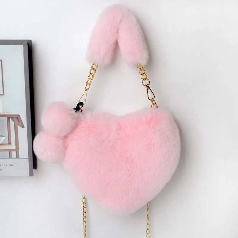 Women's soft plush heart-shaped handbag with shoulder strap in multiple solid colours