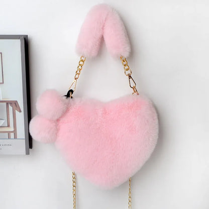 Women's soft plush heart-shaped handbag with shoulder strap in multiple solid colours