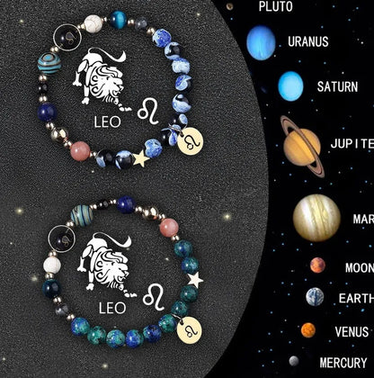 Twelve Zodiac Sign beaded bracelet set with natural stone beads and adjustable closure on wrist