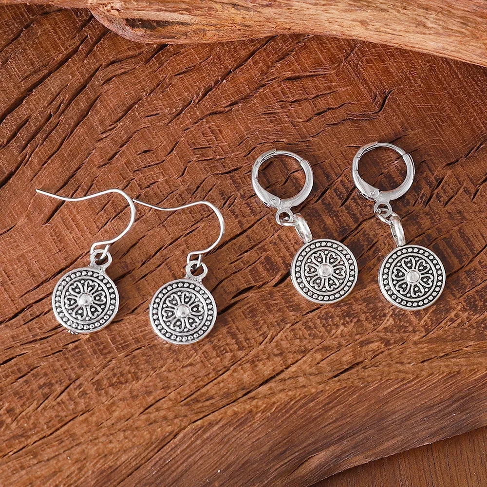 Geometric zinc alloy earrings with distressed ethnic print in retro bohemian style