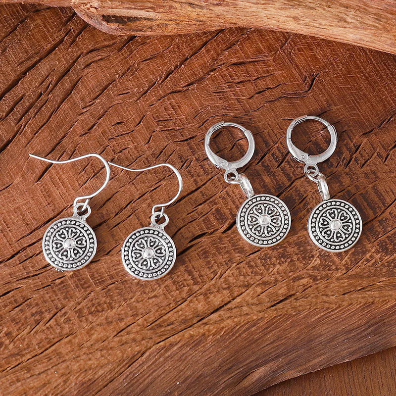 Women's ethnic geometric earrings in zinc alloy with retro bohemian round distressed print and electroplated colour finish - 1 pair per order
