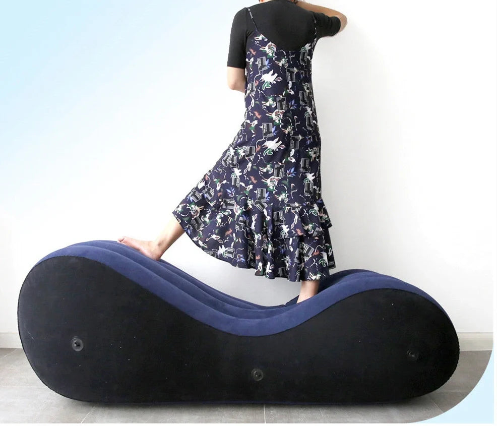 Blue inflatable PVC sofa cushion with flocking, 160cm long, shown inflated with optional electric pump
