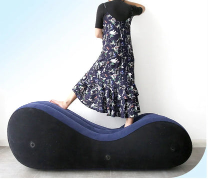 Blue inflatable PVC sofa cushion with flocking, 160cm long, shown inflated with optional electric pump