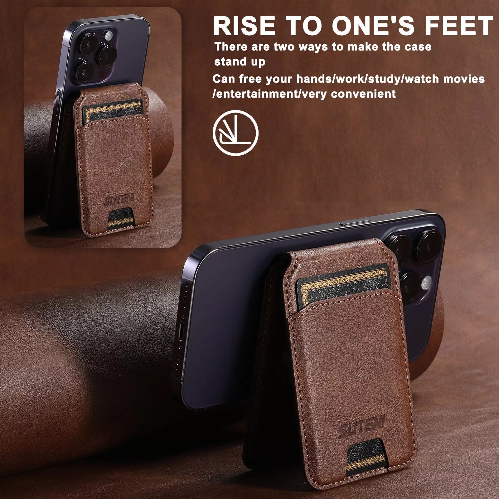 Android universal phone magnetic card holder with MagSafe ring in PU leather