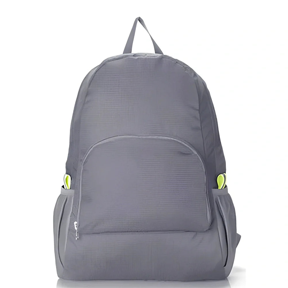 Yellow foldable sports backpack showing 30.5x42cm dimensions and compression feature