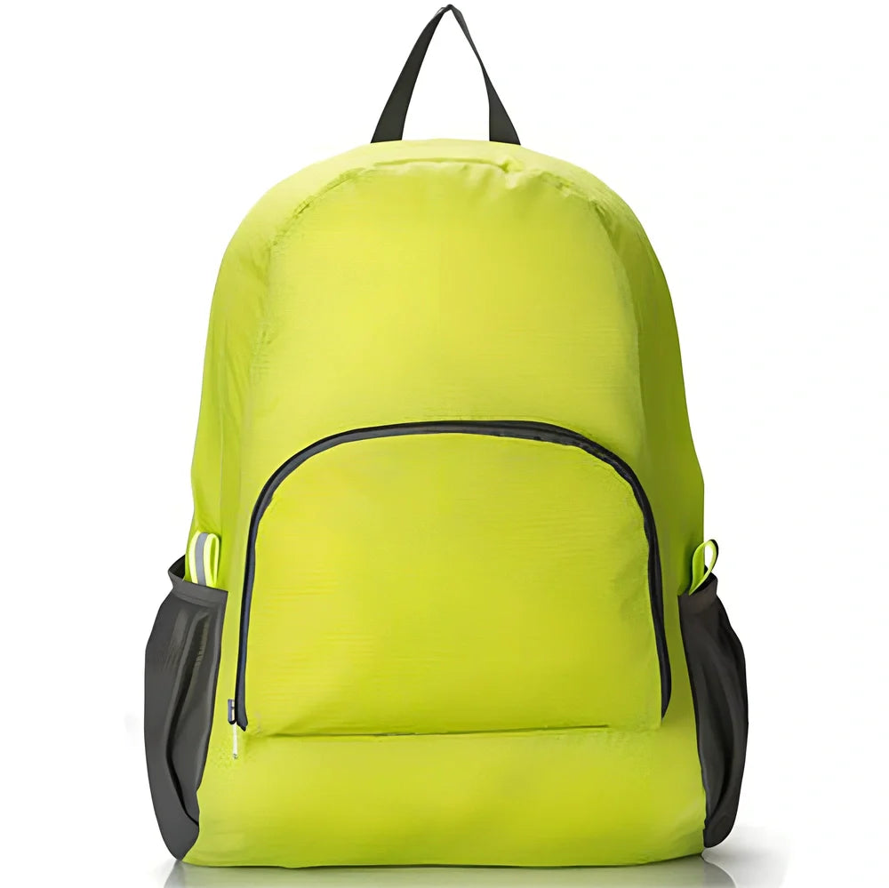 Yellow foldable sports backpack showing 30.5x42cm dimensions and compression feature
