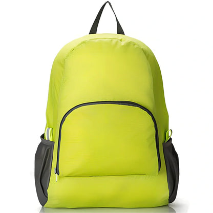 Yellow foldable sports backpack showing 30.5x42cm dimensions and compression feature