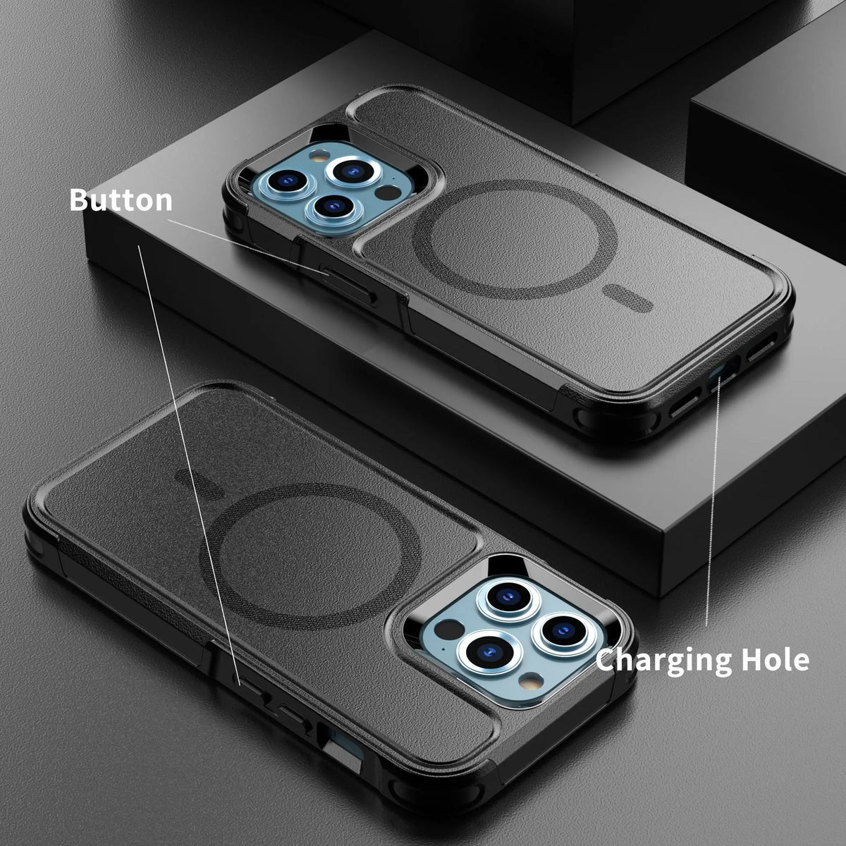 Black magnetic shatterproof back cover case for iPhone 12 and iPhone 13 series phones