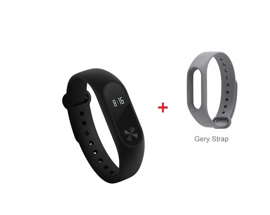 Xiaomi Mi Band 2 black fitness tracker with OLED display showing heart rate and time on adjustable wrist strap