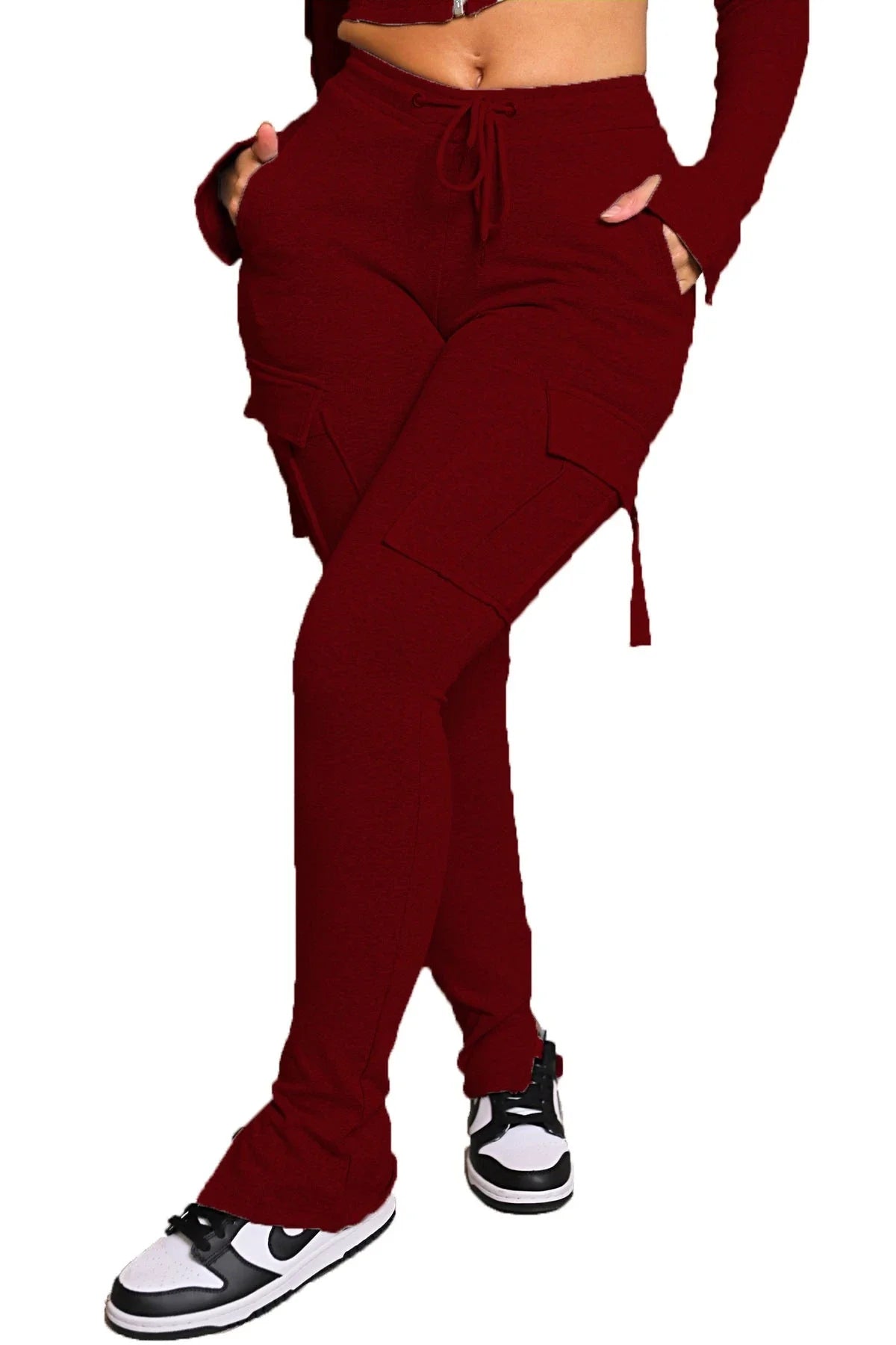 Versatile high-waisted cargo pants for women with pockets, drawstring, and wide leg design