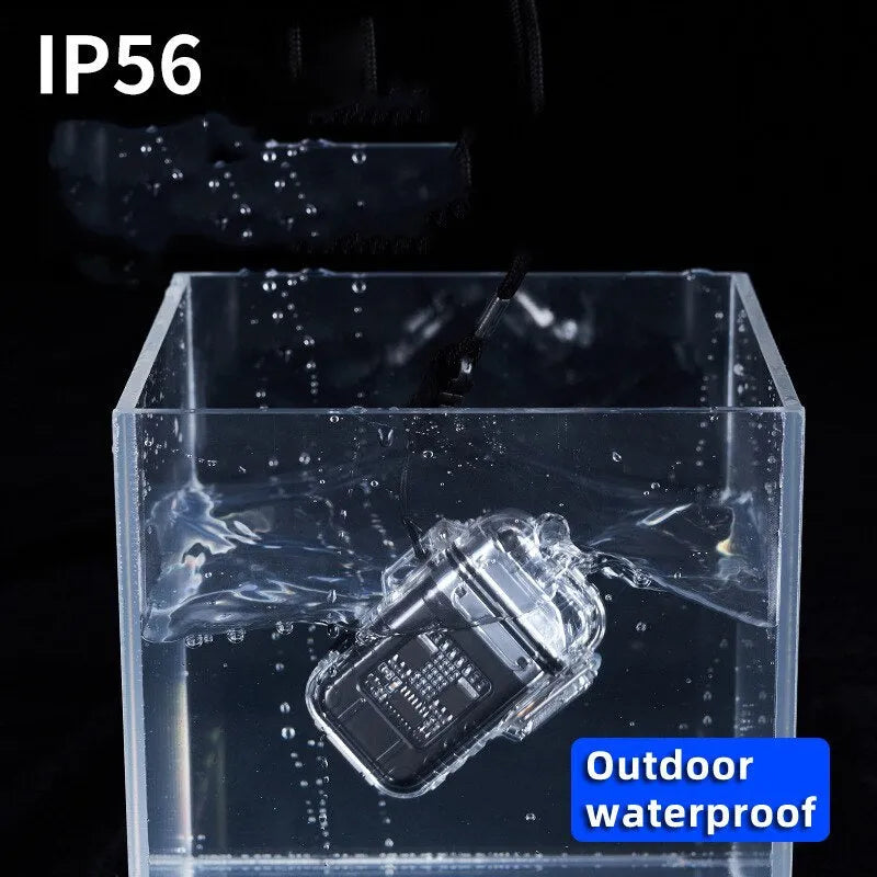 Transparent shell electronic lighter showing plasma arc with detachable pocket clip and paracord lanyard