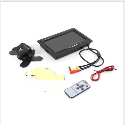 7-inch car monitor and reversing display with camera and video cable, TFT screen, ABS housing, desktop or rearview mirror fitting.