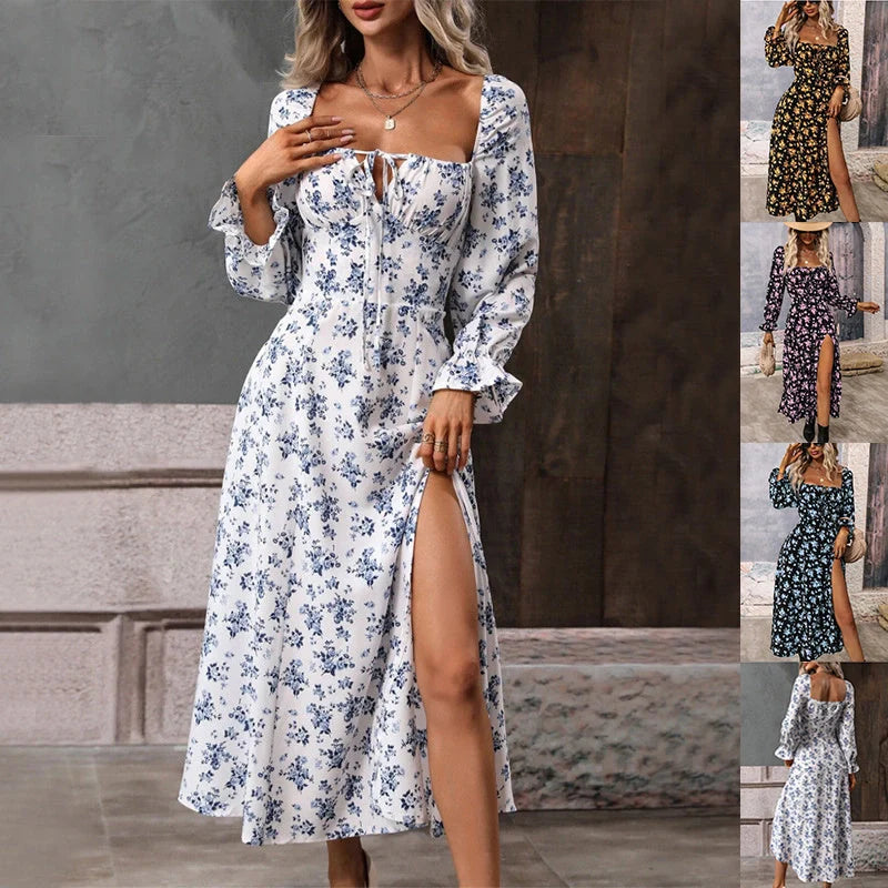 Charming floral long sleeve dress with square neckline and side slit for stylish women