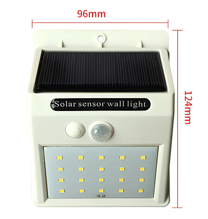 Solar sensor light in black ABS plastic with 20 LEDs and infrared motion detection, package 130x102x55mm