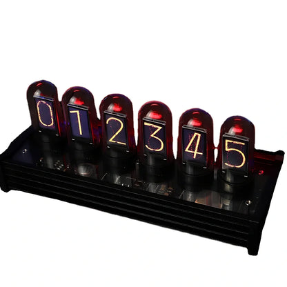Creative LED nixie tube table clock on black walnut base, glass shell with metal dial, USB powered digital display