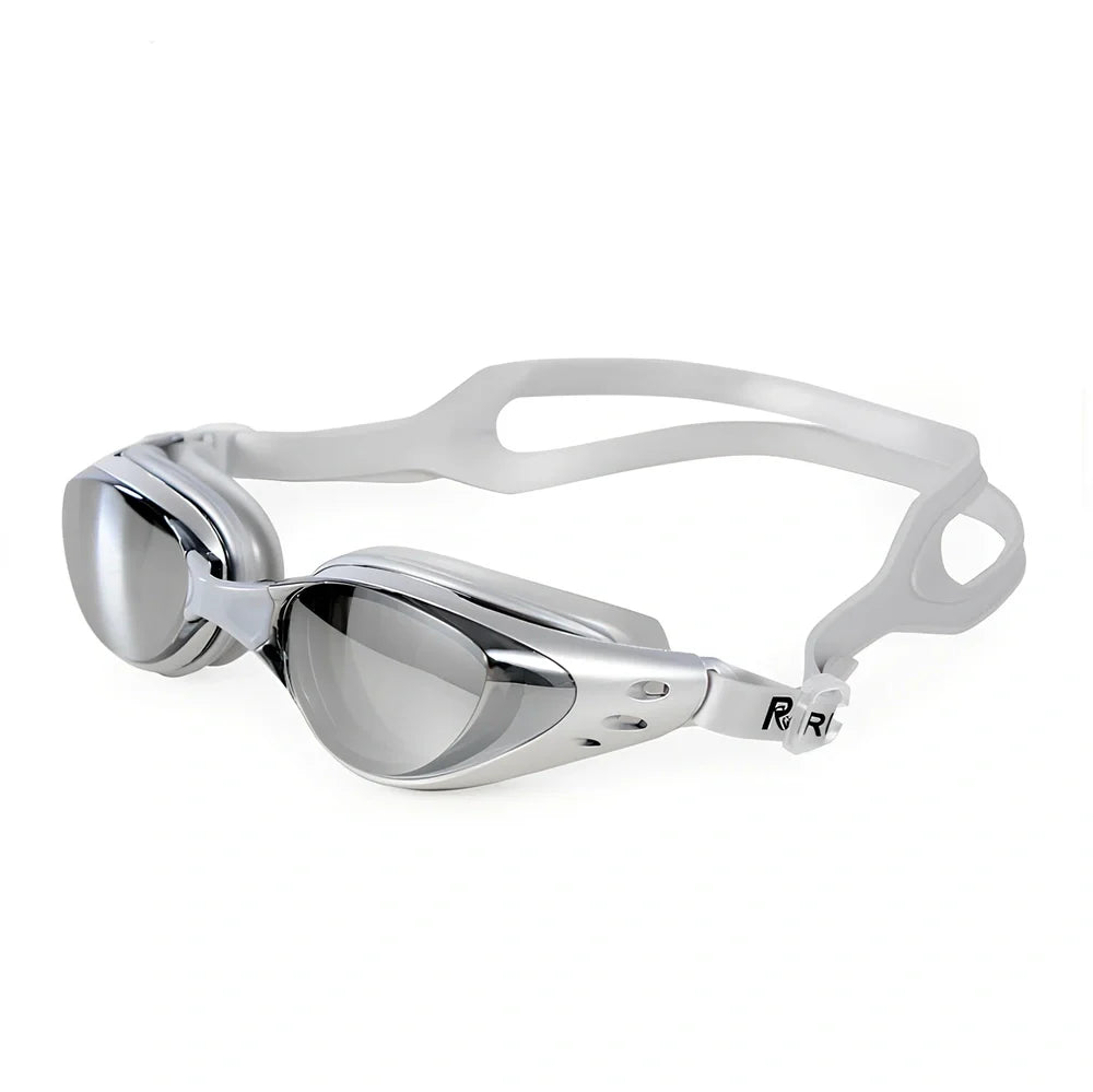 Anti-fog swimming goggles with UV-resistant mirror lenses and silicone straps in multiple colour options