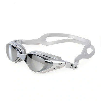 Anti-fog swimming goggles with UV-resistant mirror lenses and silicone straps in multiple colour options