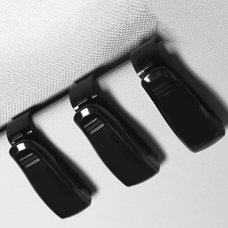 Car mounted glasses frame clip multifunctional plastic card holder for car sun visors, measuring 6.5cm by 2.3cm in black to secure tickets, ID cards, or driving glasses with a 5-year service life