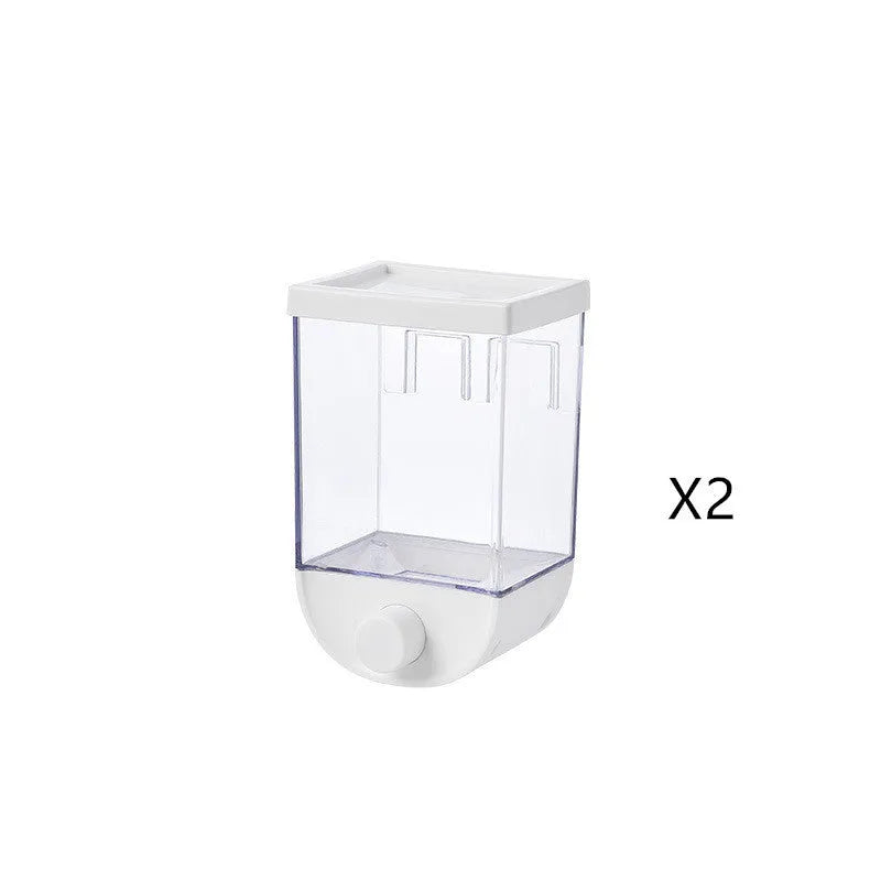 White wall mounted transparent food storage container with easy press cereal dispenser mechanism
