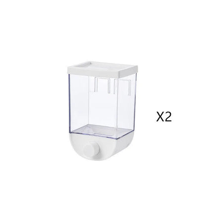 White wall mounted transparent food storage container with easy press cereal dispenser mechanism