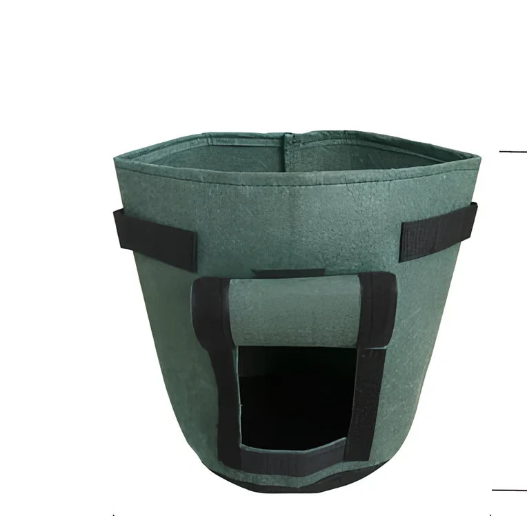Black plant growth bag with side harvesting window and double handles for potato gardening