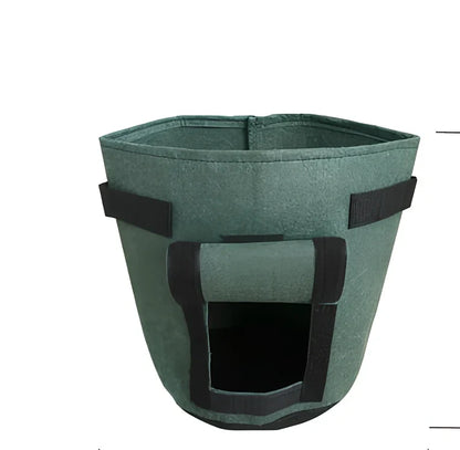 Black plant growth bag with side harvesting window and double handles for potato gardening
