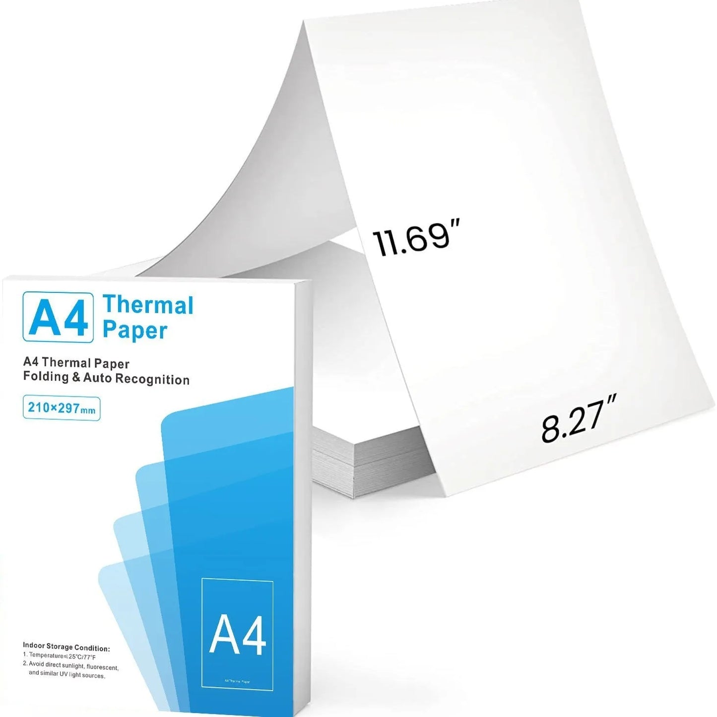 White A4 quick-drying thermal paper sheets for portable printers, shown with 100-sheet colour box packaging.