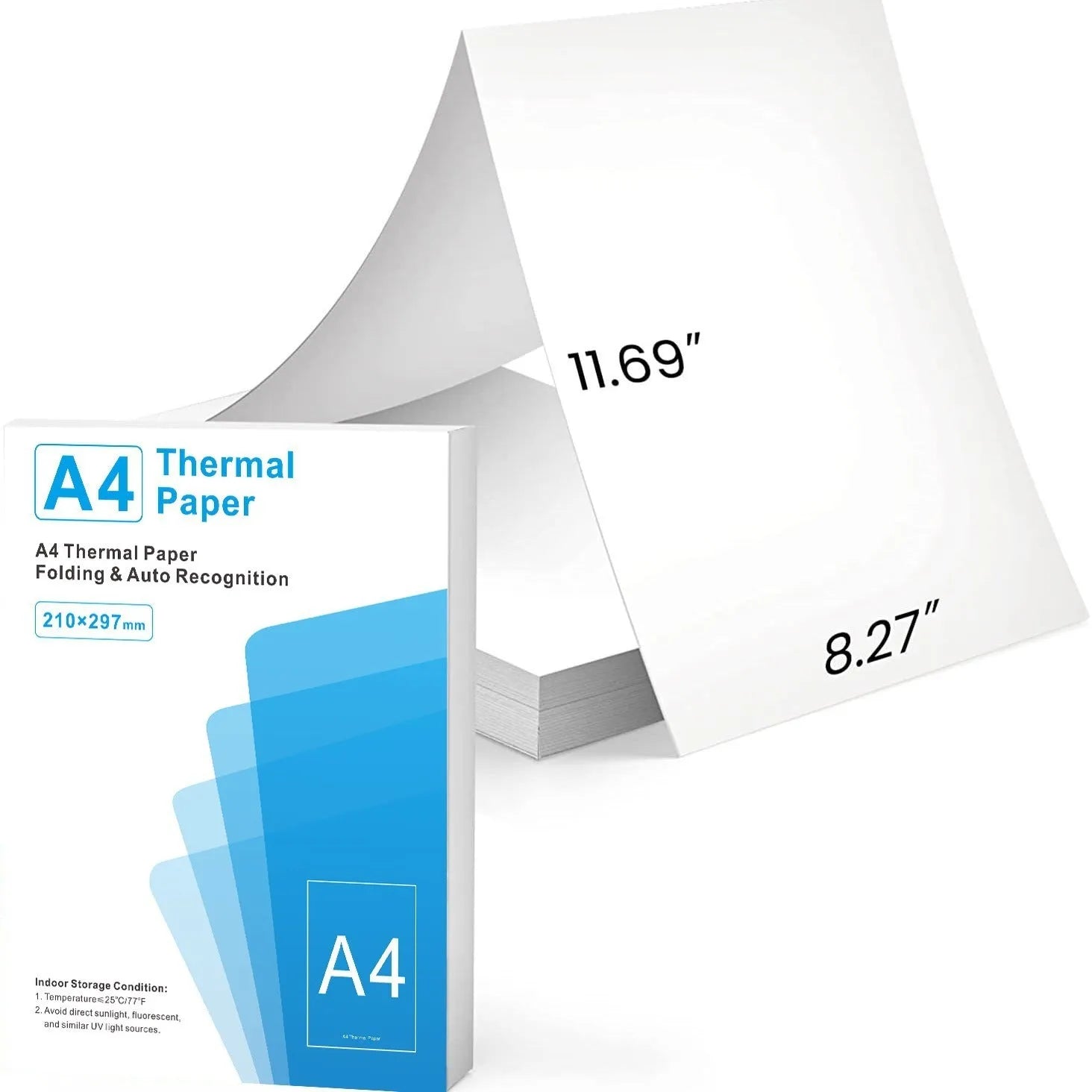 White A4 quick-drying thermal paper sheets for portable printers, shown with 100-sheet colour box packaging.