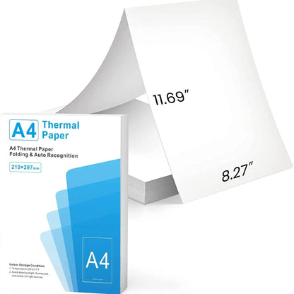 White A4 quick-drying thermal paper sheets for portable printers, shown with 100-sheet colour box packaging.