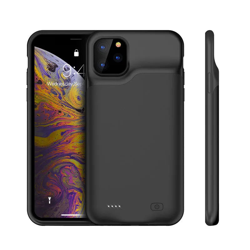 Shockproof silicone iPhone battery charger case in black, blue, pink, or white with high-capacity battery