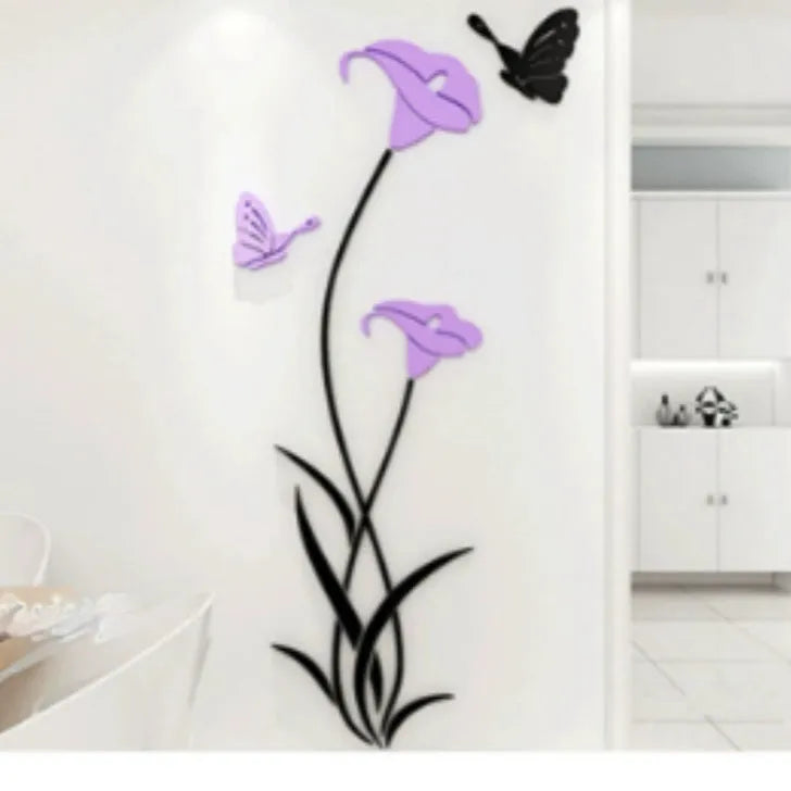 Lily 3D stereo acrylic wall stickers showing size variations and colour options including metallic finishes