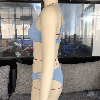 Solid color striped bikini with blue stripes, made of 80% nylon and spandex lining