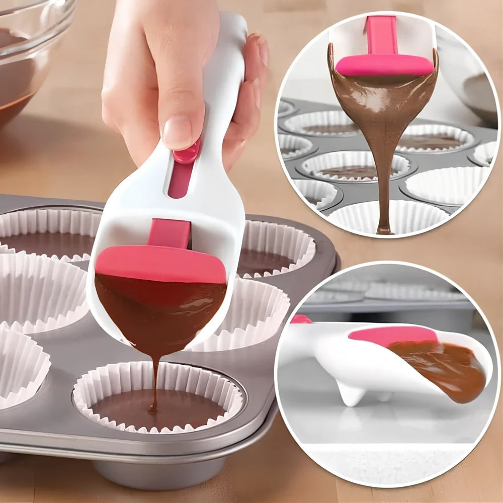 19.5cm long cake batter scoop with push-button mechanism and non-stick surface for consistent cupcake portioning
