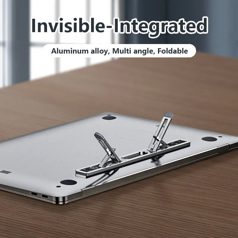 Silver aluminium laptop cooling bracket with adjustable height on wooden desk