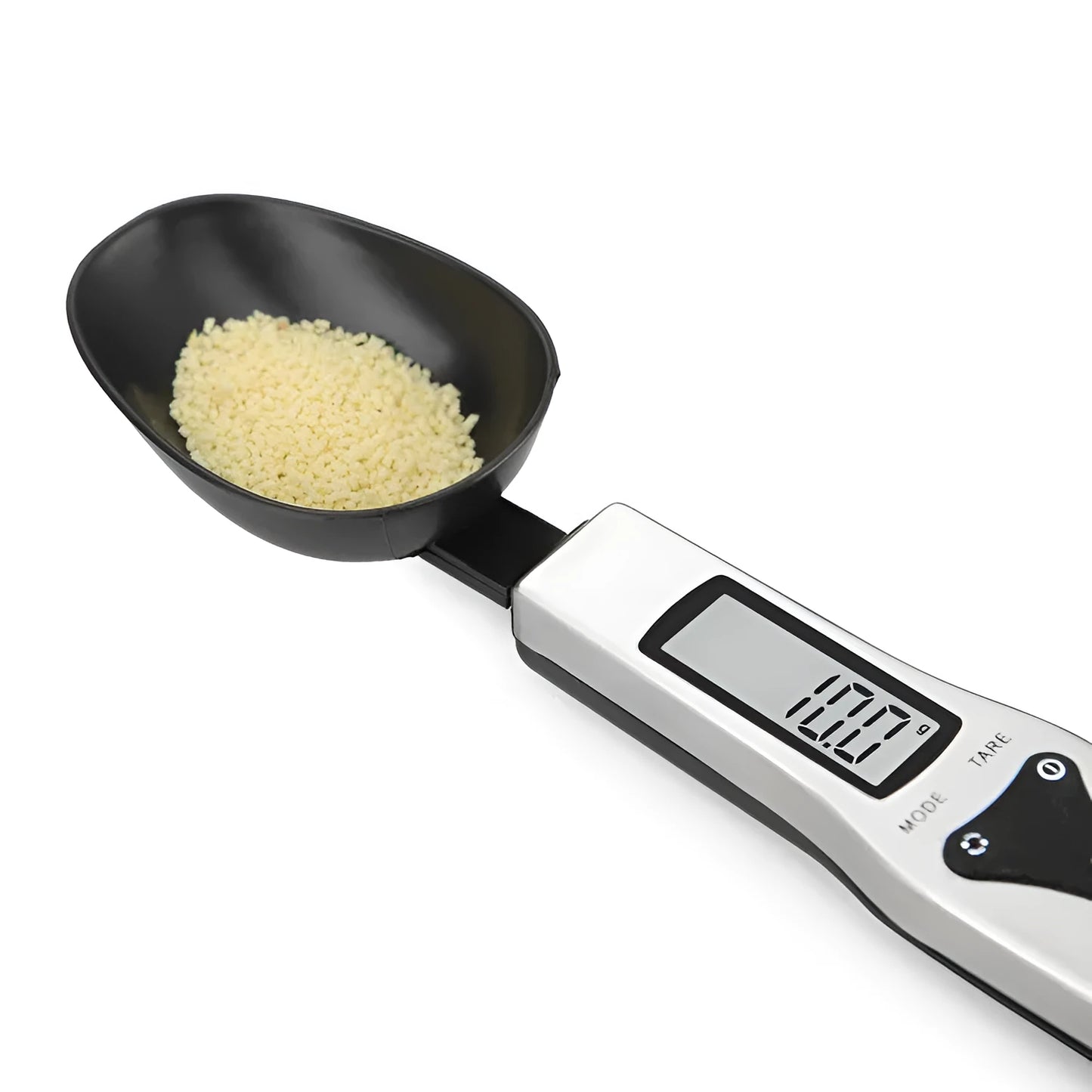 Smart digital measuring spoon with electronic display showing weight, alongside two AAA batteries.