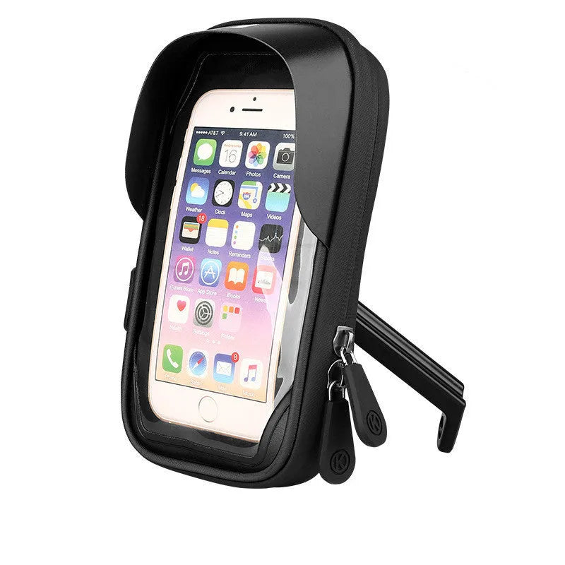 Black TPU mobile phone holder mounted on a bicycle handlebar, showing touch screen and waterproof zipper.