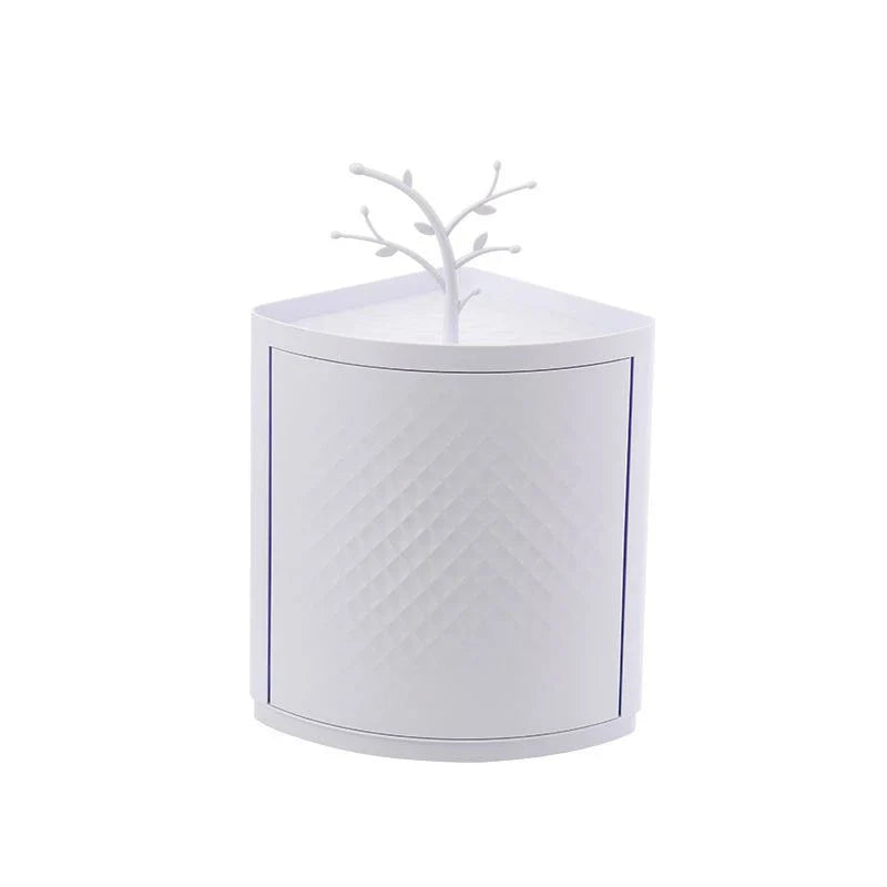 Rotatable bathroom storage organizer with a sleek, white plastic design and a covered front panel to protect against dust.