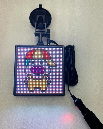 Bluetooth-controlled LED car display screen with colourful animated graphics on a 128mm square display.