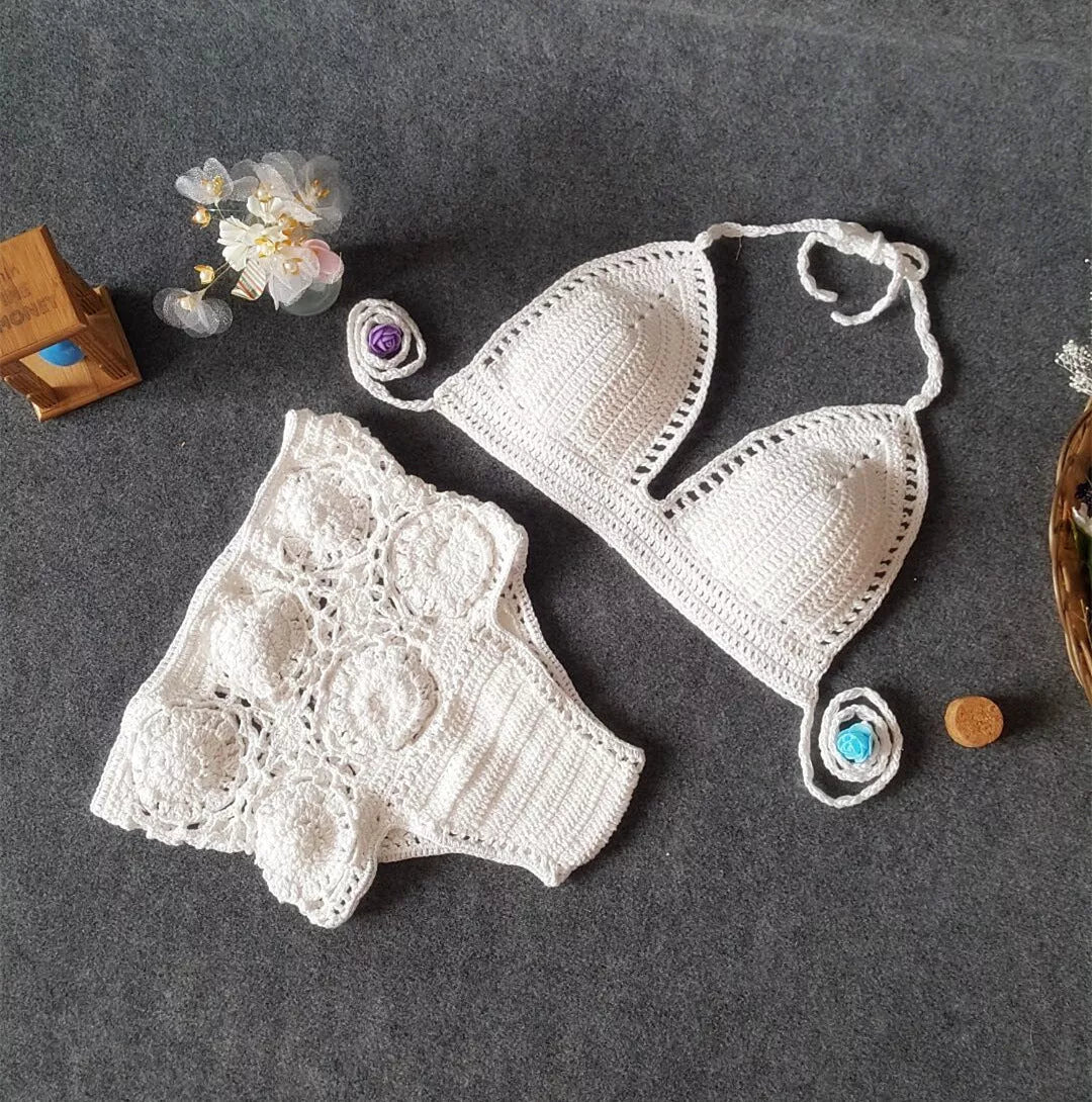 High waisted swimsuit with crochet hook flower design in white, gray, and brown