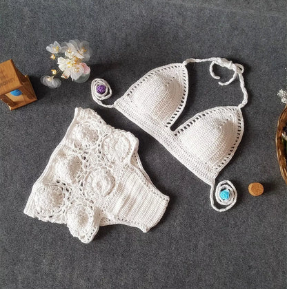 High waisted swimsuit with crochet hook flower design in white, gray, and brown