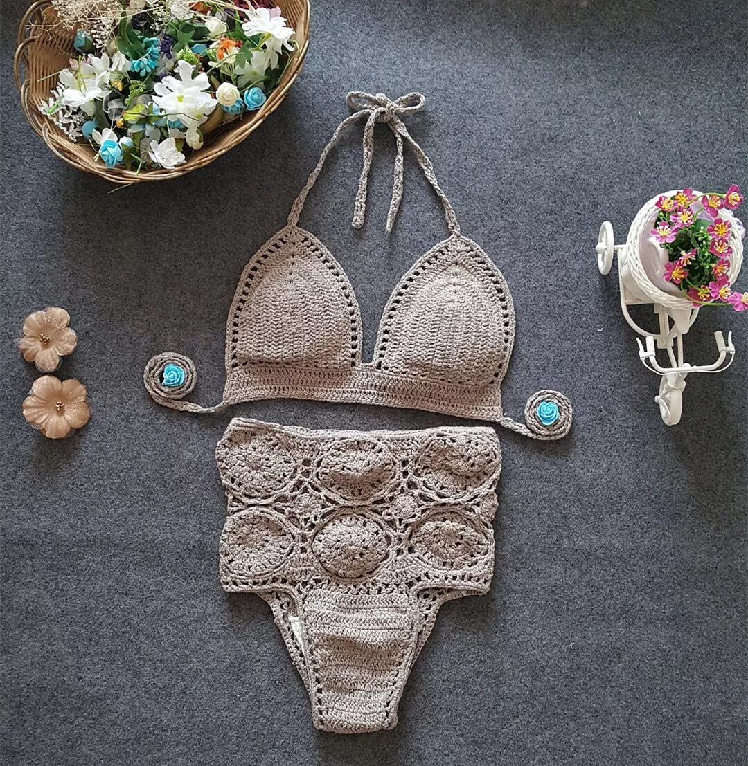 High waisted swimsuit with crochet hook flower design in white, gray, and brown