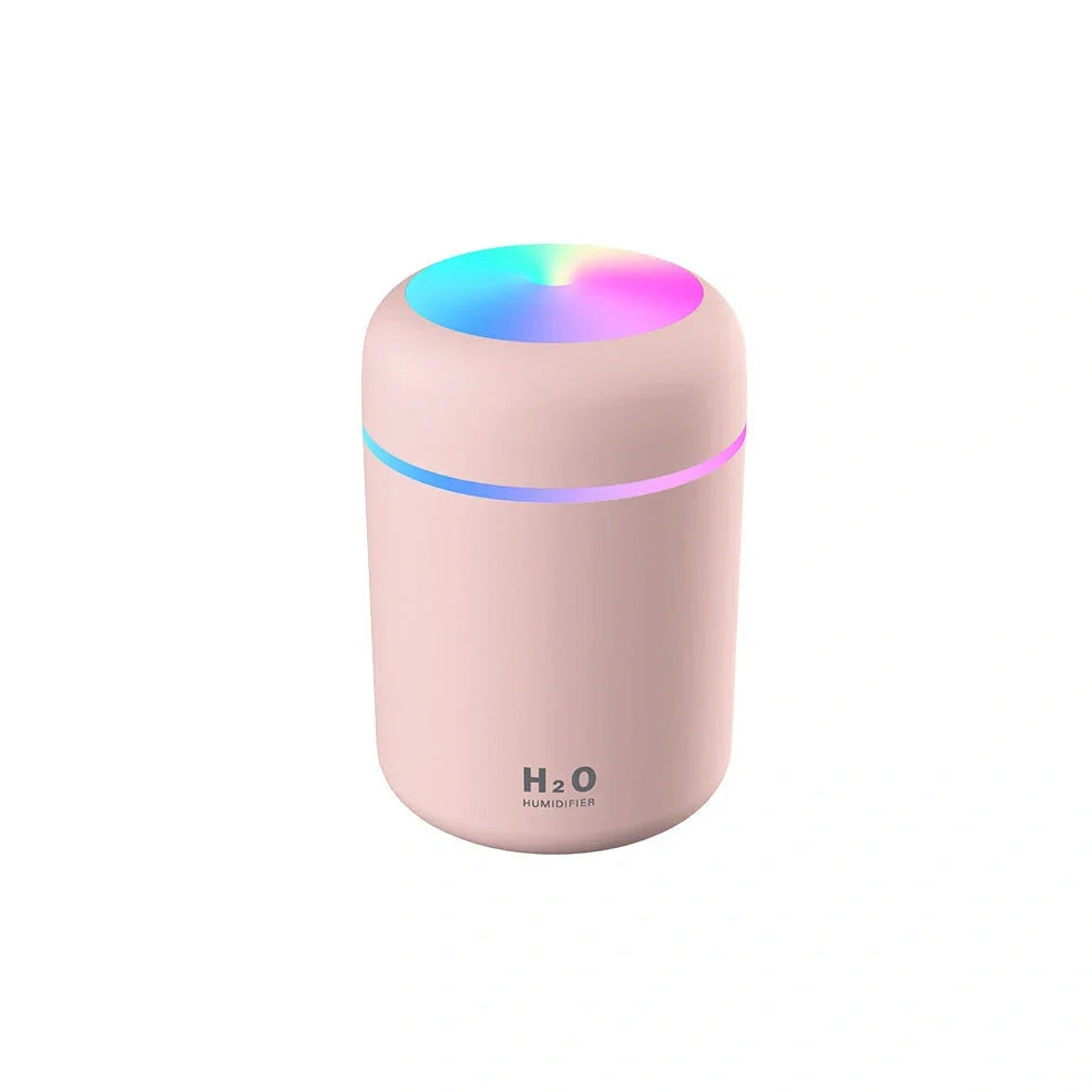 Compact USB car humidifier with colourful LED light and 300ml water tank for vehicle use