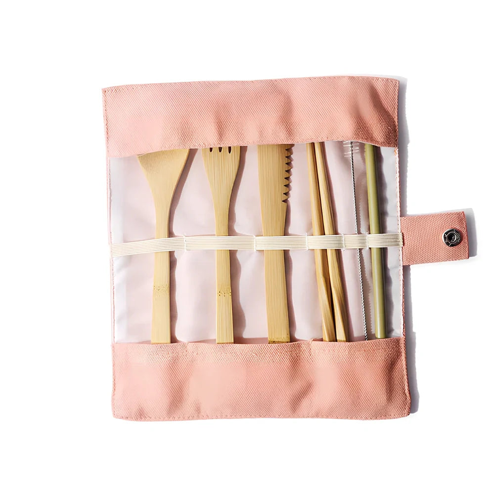 Bamboo travel cutlery set with 7 Japanese-style utensils in carrying pouch for sustainable dining