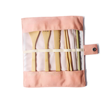 Bamboo travel cutlery set with 7 Japanese-style utensils in carrying pouch for sustainable dining
