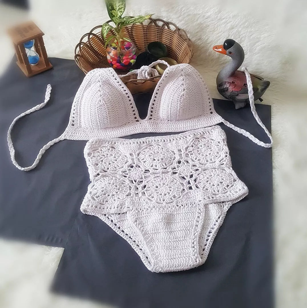 High waisted swimsuit with crochet hook flower design in white, gray, and brown