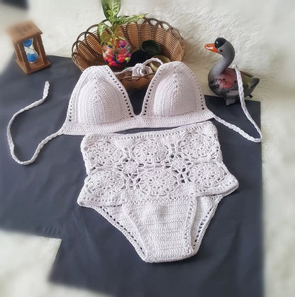 High waisted swimsuit with crochet hook flower design in white, gray, and brown